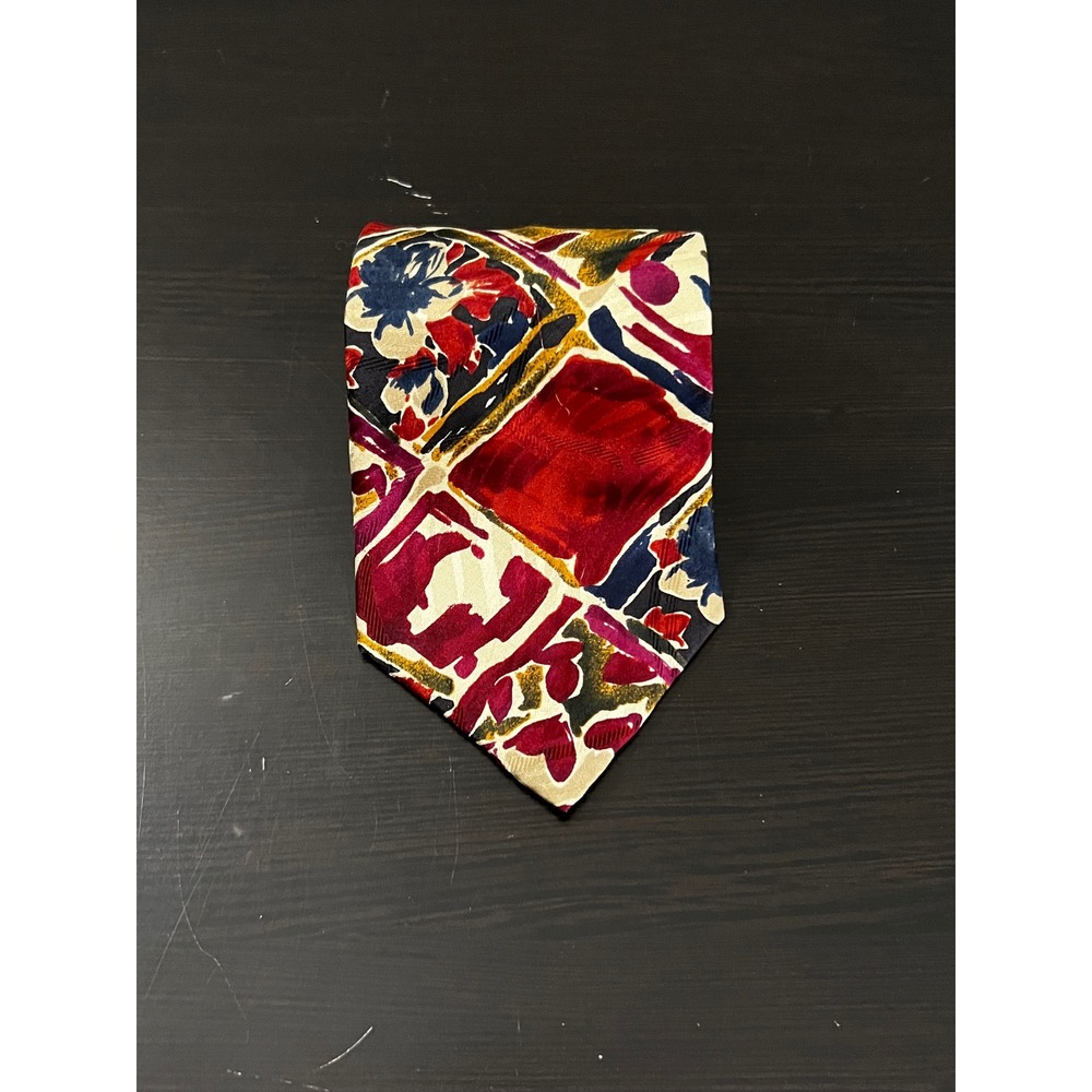 Bugatti‎ Mens Abstract Geometric Floral Silk Tie Red Navy Gold Made in USA 57in